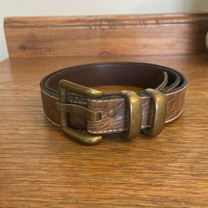 Vintage Lizwear Brown Belt - Brass Buckle - White Stitching - Small